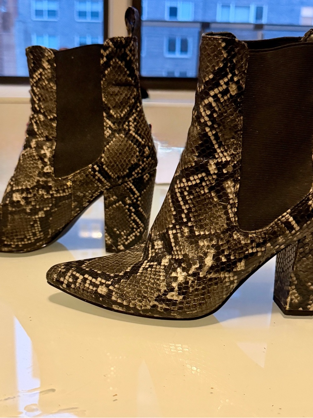Steve Madden Black and Gray Snake-Print Pointed Chelsea Booties